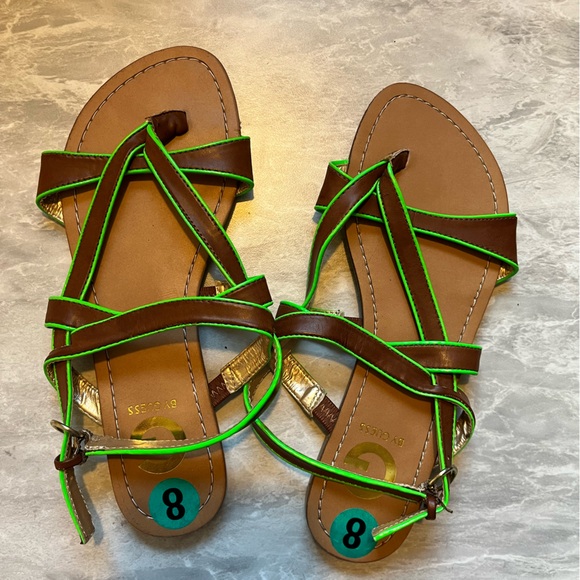 G by Guess Brown and Neon Green Strappy Sandals - Picture 1 of 3